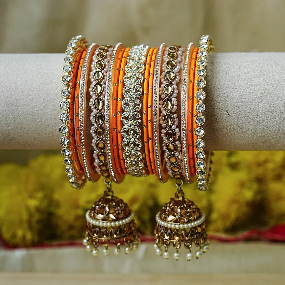 Designer Metal Bangles Set with Jhumki for Women (Both Hands) - The Golden Cascade